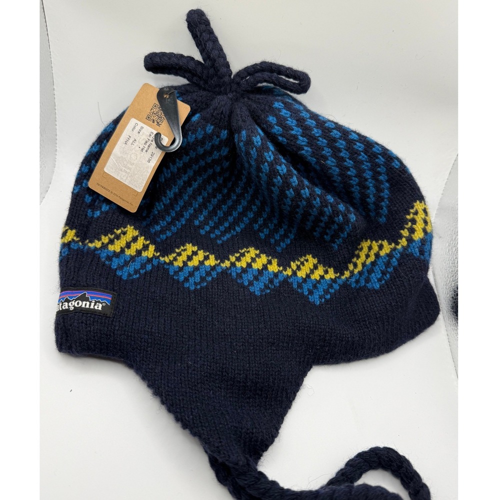 Patagonia Ear Flap Hat Navy Blue Yellow Fair Isle Wool Blend Fleece Lined 29136